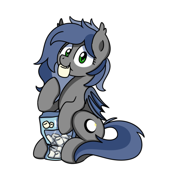 Size: 2000x2000 | Tagged: safe, artist:sugar morning, derpibooru import, oc, oc:eclipse penumbra, unofficial characters only, bat pony, pony, adorable face, adorkable, bat pony oc, bat wings, cute, cute little fangs, cutie mark, dork, ear fluff, eating, fangs, female, food, green eyes, happy, looking at you, marshmallow, mouth hold, no source available, simple background, sitting, slit pupils, smiley face, smiling, solo, transparent background, wings