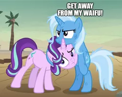 Size: 1154x916 | Tagged: safe, derpibooru import, edit, edited screencap, screencap, starlight glimmer, trixie, road to friendship, caption, female, image macro, lesbian, meme, shipping, startrix, text, trixie yells at everything, waifu