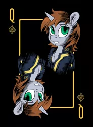 Size: 1642x2234 | Tagged: safe, artist:hobbes-maxwell, derpibooru import, oc, oc:littlepip, unofficial characters only, pony, unicorn, fallout equestria, fanfic, clothes, ear fluff, fanfic art, female, grin, horn, mare, playing card, smiling, solo, vault suit