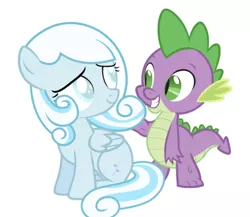 Size: 750x650 | Tagged: safe, artist:pilot231, derpibooru import, edit, editor:undeadponysoldier, spike, oc, oc:snowdrop, dragon, pegasus, pony, blind, canon x oc, crack shipping, female, filly, shipping, simple background, smiling, snowspike, white background