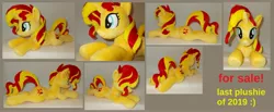 Size: 6224x2560 | Tagged: safe, artist:calusariac, derpibooru import, sunset shimmer, pony, unicorn, female, horn, irl, mare, photo, plushie, prone, solo