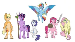 Size: 1462x832 | Tagged: safe, artist:phobicalbino, derpibooru import, applejack, fluttershy, pinkie pie, rainbow dash, rarity, twilight sparkle, anthro, centaur, alternate universe, braid, colored wings, ear piercing, earring, female, hands behind back, jewelry, mane six, multicolored wings, piercing, ponytaur, rainbow wings, shield, simple background, socks (coat marking), spread wings, staff, sword, viking au, weapon, white background, wings