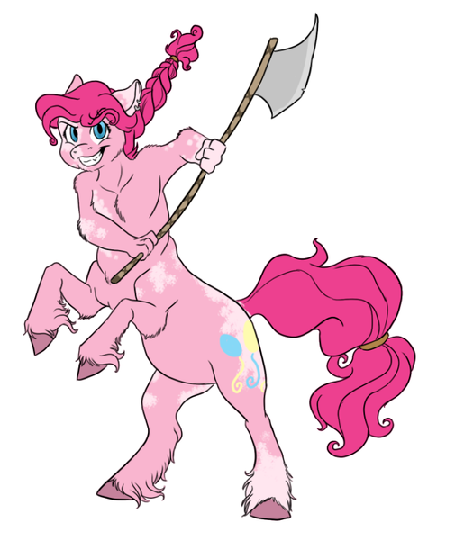 Size: 711x844 | Tagged: safe, artist:phobicalbino, derpibooru import, pinkie pie, anthro, centaur, earth pony, taur, alternate universe, anthro centaur, axe, battle axe, braid, ear piercing, earring, female, grin, jewelry, piebald coloring, piercing, ponytaur, rearing, simple background, smiling, socks (coat marking), solo, unshorn fetlocks, viking au, weapon, white background