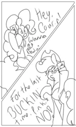 Size: 720x1200 | Tagged: safe, artist:treble clefé, derpibooru import, applejack, pinkie pie, earth pony, pony, 2 panel comic, annoyed, comic, dialogue, grand theft auto, gta iv, hey cousin, monochrome, niko bellic, phone, roman bellic, solo, vulgar