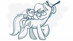 Size: 1280x720 | Tagged: safe, artist:cadetredshirt, derpibooru import, oc, oc:cadetpone, unofficial characters only, earth pony, original species, plush pony, pony, bangs, chopsticks, digital art, glasses, hair bun, inked, looking back, monochrome, plushie, solo, walking