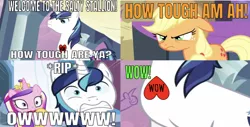 Size: 1223x623 | Tagged: safe, derpibooru import, edit, edited screencap, editor:undeadponysoldier, screencap, applejack, princess cadance, shining armor, spike, twilight sparkle, alicorn, dragon, earth pony, pony, series:spikebob scalepants, angry, caption, comic, exploitable meme, female, heart, how tough are ya meme, male, mare, meme, obligatory pony, ouch, salty spitoon, screaming armor, screencap comic, stallion, tattoo, wow