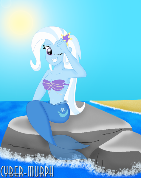 Size: 1928x2448 | Tagged: safe, artist:cyber-murph, derpibooru import, trixie, mermaid, equestria girls, beach, belly, belly button, bikini, clothes, cute, diatrixes, mermaidized, midriff, ocean, one eye closed, rock, seashell bra, shell bra, shore, sitting, species swap, swimsuit, wink