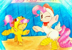 Size: 3282x2301 | Tagged: safe, artist:liaaqila, derpibooru import, pinkie pie, scootaloo, earth pony, pegasus, pony, animal costume, chicken pie, chicken suit, clothes, costume, cute, cutealoo, diapinkes, eyes closed, female, filly, looking at you, mare, one eye closed, scootachicken, silly, silly pony, tongue out, wink