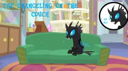 Size: 1280x714 | Tagged: book, changeling, circle, couch, derpibooru import, edit, edited screencap, elf on the shelf, kevin (changeling), male, safe, screencap, sitting, starlight's office, text, trophy, window