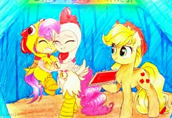 Size: 3373x2322 | Tagged: safe, artist:liaaqila, derpibooru import, applejack, pinkie pie, scootaloo, pony, animal costume, chicken pie, chicken suit, clothes, costume, cute, cutealoo, diapinkes, gold medal, hug, scootachicken, scootalove, silly, silly pony