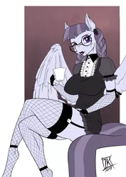 Size: 724x1024 | Tagged: anthro, artist:zwitterkitsune, breasts, busty inky rose, clothes, derpibooru import, digital art, female, fishnets, garters, glasses, inky rose, mare, mug, solo, solo female, suggestive