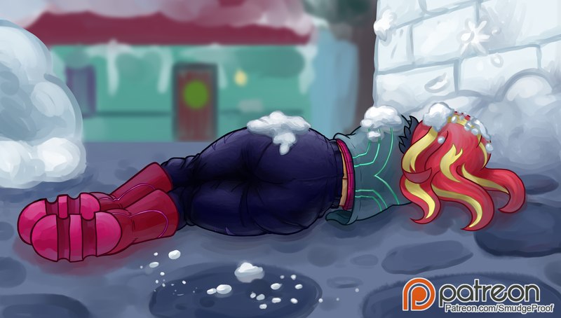 Size: 5000x2838 | Tagged: safe, alternate version, artist:smudge proof, derpibooru import, sunset shimmer, equestria girls, equestria girls series, holidays unwrapped, spoiler:eqg series (season 2), clothes, patreon, saving pinkie's pie, scene interpretation, snow, snowballs, snowfort, unconscious