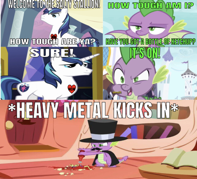 Size: 639x581 | Tagged: safe, derpibooru import, edit, edited screencap, editor:undeadponysoldier, screencap, shining armor, spike, dragon, unicorn, series:spikebob scalepants, molt down, owl's well that ends well, caption, comic, discovery family logo, facial hair, food, golden oaks library, hat, heart, heavy metal, how tough are ya meme, image macro, ketchup, ketchup bottle, male, moustache, sauce, screencap comic, stallion, tattoo, text, top hat, winged spike, wrong aspect ratio