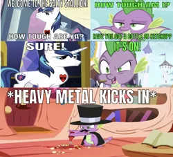 Size: 639x581 | Tagged: safe, derpibooru import, edit, edited screencap, editor:undeadponysoldier, screencap, shining armor, spike, dragon, unicorn, series:spikebob scalepants, molt down, owl's well that ends well, caption, comic, discovery family logo, facial hair, food, golden oaks library, hat, heart, heavy metal, how tough are ya meme, image macro, ketchup, ketchup bottle, male, moustache, sauce, screencap comic, stallion, tattoo, text, top hat, winged spike, wrong aspect ratio