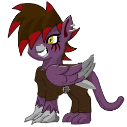 Size: 2000x2000 | Tagged: safe, artist:ciaran, derpibooru import, oc, gryphon, pony, 2020 community collab, derpibooru community collaboration, amputee, artificial wings, augmented, bloody eyes, clothes, female, grin, knife, mercenary, metal beak, metal claws, piercing, prosthetic limb, prosthetic wing, prosthetics, raider, simple background, smiling, solo, transparent background, wings