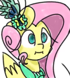 Size: 816x915 | Tagged: safe, artist:treble clefé, derpibooru import, fluttershy, pegasus, pony, :i, alternate hairstyle, bust, clothes, cute, dress, gala dress, simple background, solo, we bought two cakes, white background