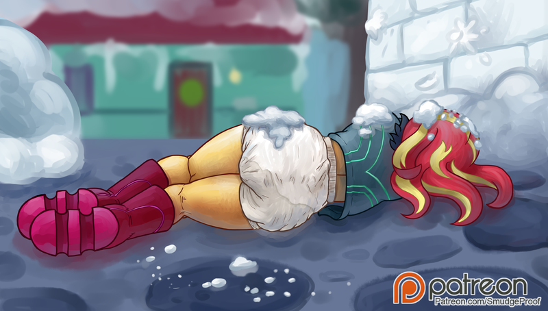 Size: 5000x2838 | Tagged: questionable, alternate version, artist:smudge proof, derpibooru import, sunset shimmer, equestria girls, equestria girls series, holidays unwrapped, spoiler:eqg series (season 2), accident, adult diaper, diaper, diaper fetish, fetish, on ground, patreon, peeing in diaper, pissing, snow, snowball fight, snowballs, snowfort, unconscious, urine, wet diaper, wetting, winter