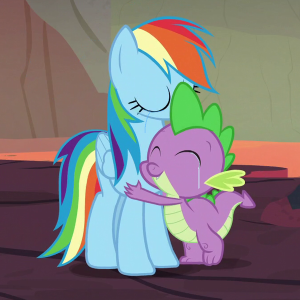 Size: 670x670 | Tagged: safe, derpibooru import, edit, edited screencap, editor:undeadponysoldier, screencap, rainbow dash, spike, dragon, pegasus, pony, shadow play, best friends until the end of time, cropped, crying, female, heartwarming, hug, lava, male, mama dash, mare, spikelove, tears of joy