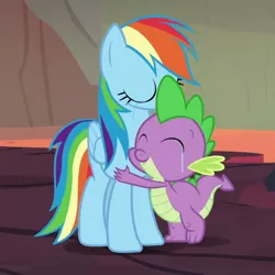 Size: 670x670 | Tagged: safe, derpibooru import, edit, edited screencap, editor:undeadponysoldier, screencap, rainbow dash, spike, dragon, pegasus, pony, shadow play, best friends until the end of time, cropped, crying, female, heartwarming, hug, lava, male, mama dash, mare, spikelove, tears of joy