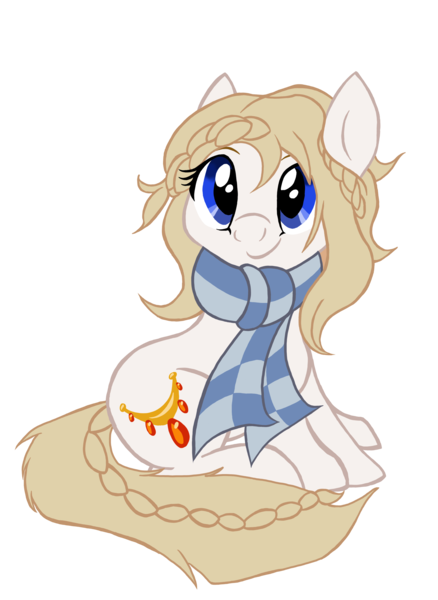 Size: 2912x3992 | Tagged: safe, artist:mjangelvortex, derpibooru import, oc, oc:solveig, unofficial characters only, earth pony, pony, 2020 community collab, derpibooru community collaboration, accessory, braid, braided tail, clothes, digital art, female, gift art, happy, mane, mare, scarf, simple background, sitting, smiling, solo, tail, transparent background