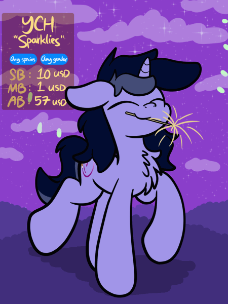 Size: 1080x1440 | Tagged: safe, artist:kimjoman, derpibooru import, oc, oc:purple flix, unofficial characters only, pony, unicorn, animated, commission, cute, fireworks, gif, male, new year, night, solo, sparkler (firework), text, ych example, your character here