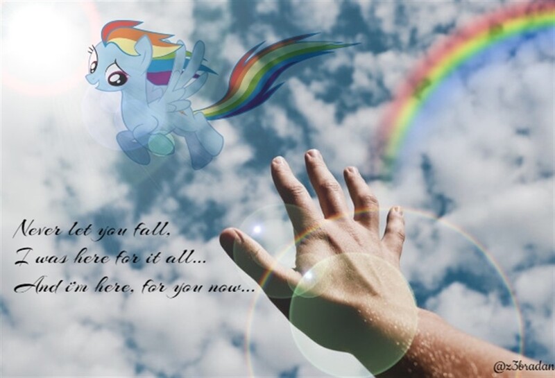Size: 1100x750 | Tagged: safe, artist:z3bradan, derpibooru import, rainbow dash, human, pegasus, pony, ..., afterlife, cloud, duo, female, human male, lens flare, male, mare, offscreen character, pov, quote, rainbow, sky, wallpaper