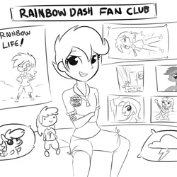 Size: 3240x3240 | Tagged: safe, artist:tjpones, derpibooru import, rainbow dash, scootaloo, twilight sparkle, pegasus, pony, unicorn, equestria girls, body pillow, clothes, cutie mark, fangirl, female, guitar, iwtcird, mare, meme, monochrome, musical instrument, pillow, poster, rainbow dash fanclub, simple background, stock vector, twiggie, white background