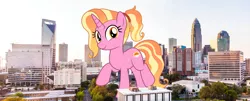 Size: 2485x1000 | Tagged: safe, artist:jhayarr23, derpibooru import, luster dawn, pony, unicorn, the last problem, bigger than life, building, charleston, city, female, giant pony, highrise ponies, irl, macro, mare, photo, ponies in real life, raised hoof, show accurate, south carolina