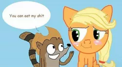 Size: 1440x794 | Tagged: applejack, applejack's hat, cowboy hat, derpibooru import, hat, regular show, rigby, shipping, shitposting, smiling, speech bubble, suggestive, text, vulgar