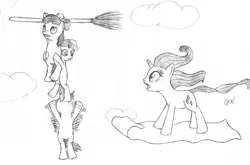 Size: 800x529 | Tagged: safe, artist:quint-t-w, derpibooru import, apple bloom, rarity, scootaloo, sweetie belle, earth pony, pegasus, pony, unicorn, black and white, broom, cloud, cutie mark crusaders, flying, flying broomstick, flying carpet, grayscale, holding on, magic carpet, monochrome, old art, panic, pencil drawing, struggling, traditional art, windswept mane