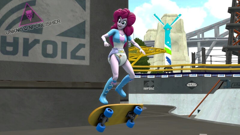 Size: 1280x720 | Tagged: suggestive, artist:unknownpublisher, derpibooru import, pinkie pie, equestria girls, 3d, breasts, diaper, diaper fetish, fetish, skateboard, skateboarding, source filmmaker