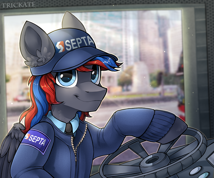 Size: 3000x2500 | Tagged: safe, artist:trickate, derpibooru import, oc, oc:smooth walker, unofficial characters only, pegasus, pony, bus, bust, cap, clothes, hat, looking at you, male, necktie, portrait, septa, smiling, smiling at you, solo, stallion, uniform