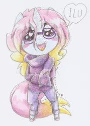 Size: 843x1178 | Tagged: safe, artist:ravenpuff, deleted from derpibooru, derpibooru import, oc, oc:umbreow, unofficial characters only, anthro, unguligrade anthro, unicorn, anthro oc, blushing, chibi, clothes, female, mare, pants, scarf, simple background, solo, speech bubble, sweater, traditional art, white background