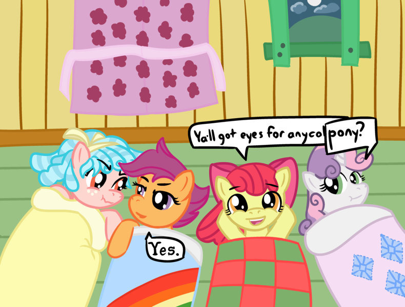 Size: 4096x3112 | Tagged: safe, artist:poniidesu, derpibooru import, apple bloom, cozy glow, scootaloo, sweetie belle, earth pony, pegasus, pony, unicorn, /mlp/, blanket, cloud, clubhouse, cozy glow is not amused, cozyloo, curtain, cutie mark crusaders, female, filly, hill, lesbian, moon, night, nordic gamer, scrunchy face, shipping, sleepover, text, window, yes