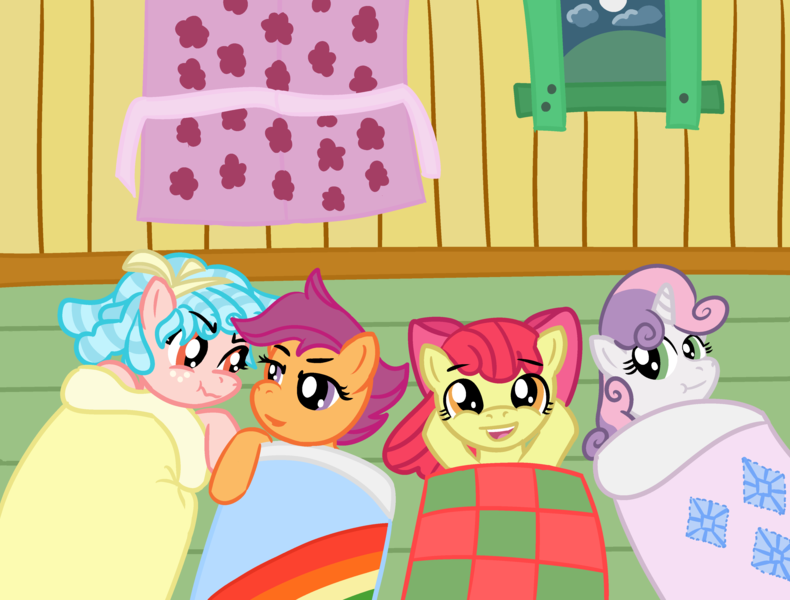 Size: 4096x3112 | Tagged: safe, alternate version, artist:poniidesu, derpibooru import, apple bloom, cozy glow, scootaloo, sweetie belle, earth pony, pegasus, pony, unicorn, blanket, cloud, clubhouse, cozy glow is not amused, cozyloo, curtain, cutie mark crusaders, female, filly, foal, hill, holding hooves, implied lesbian, lesbian, moon, night, scrunchy face, shipping, sleepover, window