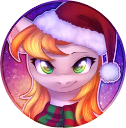 Size: 1433x1452 | Tagged: safe, artist:avrameow, derpibooru import, copper top, earth pony, pony, alternate hairstyle, christmas, clothes, commission, hat, holiday, icon, santa hat, scarf, solo, ych result, your character here