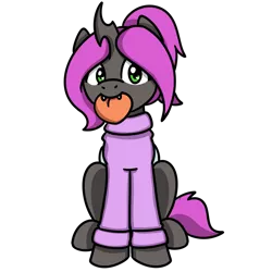 Size: 1500x1500 | Tagged: safe, artist:sugar morning, derpibooru import, oc, oc:violet nebula, unofficial characters only, changeling, 2020 community collab, derpibooru community collaboration, changeling oc, clothes, cute, fangs, female, food, looking at you, peach, purple changeling, simple background, solo, sweater, transparent background