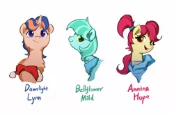 Size: 1795x1184 | Tagged: safe, artist:luciferamon, derpibooru import, oc, oc:annina hope, oc:bellflower mild, oc:dawnlight lynn, earth pony, pony, unicorn, bust