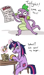 Size: 994x1664 | Tagged: safe, artist:jargon scott, derpibooru import, spike, twilight sparkle, dragon, pony, unicorn, ..., burger, comic, dialogue, dusk shine, food, hamburger, hormones, implied transgender transformation, impossible burger, magic, male, newspaper, rule 63, simple background, stallion, telekinesis, twilight burgkle, white background