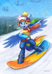 Size: 1200x1697 | Tagged: safe, artist:scheadar, derpibooru import, rainbow dash, pegasus, pony, semi-anthro, clothes, female, hay, jacket, looking at you, mare, open mouth, pants, smiling, snow, snowboard, snowboarding, solo, standing, winter hat