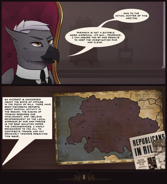 Size: 1200x1320 | Tagged: safe, artist:callsign-echo, derpibooru import, oc, unofficial characters only, gryphon, comic:return of the republicans, equestria at war mod, clothes, comic, griffon oc, male, map, military uniform, newspaper