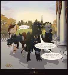 Size: 1200x1320 | Tagged: safe, artist:callsign-echo, derpibooru import, oc, oc:autumn leaf, unofficial characters only, gryphon, pony, unicorn, comic:return of the republicans, equestria at war mod, clothes, comic, eiffel tower, griffon oc, hello there, male, military uniform, stallion