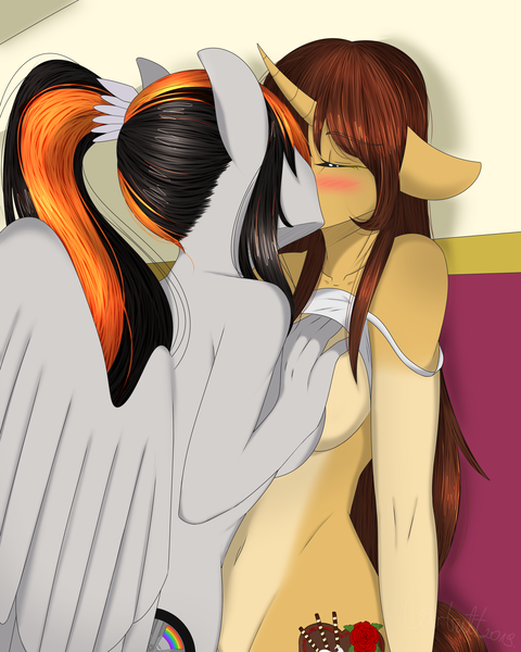 Size: 4000x5000 | Tagged: questionable, artist:cannoncar, derpibooru import, oc, oc:barbara, oc:cannon car, unofficial characters only, anthro, pegasus, unicorn, against wall, blushing, breast grab, breasts, eyes closed, female, females only, grope, horn, kissing, lesbian, nudity, wings