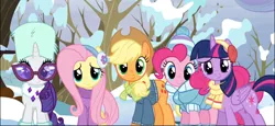 Size: 1670x768 | Tagged: safe, derpibooru import, screencap, applejack, fluttershy, pinkie pie, rarity, twilight sparkle, twilight sparkle (alicorn), alicorn, earth pony, pegasus, pony, unicorn, tanks for the memories, clothes, cropped, cute, earmuffs, female, glasses, group, jacket, mare, scarf, smiling, sweater, winter outfit