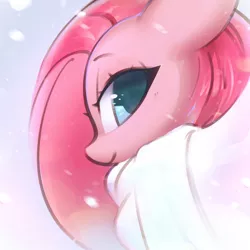 Size: 2020x2020 | Tagged: safe, artist:mirroredsea, derpibooru import, pinkie pie, earth pony, pony, clothes, cute, cuteamena, female, floppy ears, high res, lidded eyes, looking at you, mare, pinkamena diane pie, profile, scarf, smiling, snow, snowfall, snowflake, solo, winter