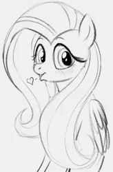 Size: 423x643 | Tagged: safe, artist:dotkwa, derpibooru import, fluttershy, pegasus, pony, blowing a kiss, blushing, cute, female, heart, looking at you, mare, monochrome, shyabetes, simple background, sitting, sketch, solo, white background, wings