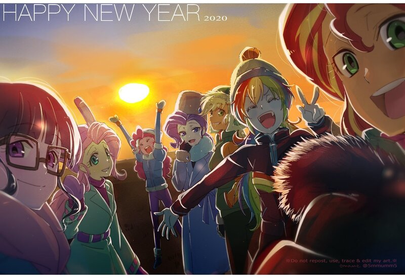 Size: 1378x948 | Tagged: safe, artist:5mmumm5, derpibooru import, applejack, fluttershy, pinkie pie, rainbow dash, rarity, sci-twi, sunset shimmer, twilight sparkle, equestria girls, 2020, eyes closed, female, glasses, happy new year, happy new year 2020, holiday, humane five, humane seven, humane six, open mouth, peace sign