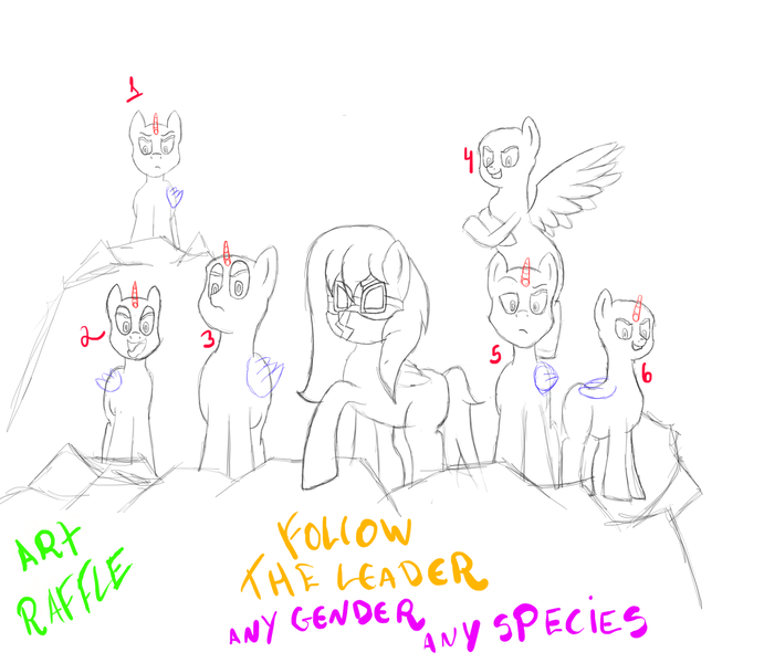 Size: 2030x1762 | Tagged: safe, derpibooru import, oc, oc:thunder andreos, alicorn, pegasus, unicorn, art raffle, bad, evil, follow the leader, gang, glasses, mask, new god of thunder, sketch