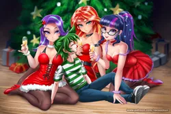 Size: 1800x1200 | Tagged: suggestive, artist:mauroz, artist:racoonsan, artist:titanium-pony, derpibooru import, edit, sci-twi, spike, starlight glimmer, sunset shimmer, twilight sparkle, human, equestria girls, anime, breasts, champagne, champagne glass, christmas, christmas outfit, christmas tree, clothes, converse, dress, female, glasses, high heels, holiday, holly, humanized, lucky bastard, male, off shoulder, pantyhose, shipping, shoes, sleeveless, spike gets all the equestria girls, spike gets all the mares, straight, tree