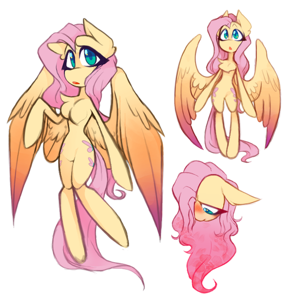 Size: 667x690 | Tagged: artist:00theinkjester00, chest fluff, derpibooru import, female, floppy ears, fluttershy, looking at you, looking down, looking up, open mouth, safe, semi-anthro, simple background, solo, spread wings, standing, white background, wings